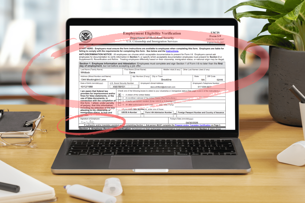The official USCIS Form I-9, rendered with both signatures and all field values, ready for the compliance file